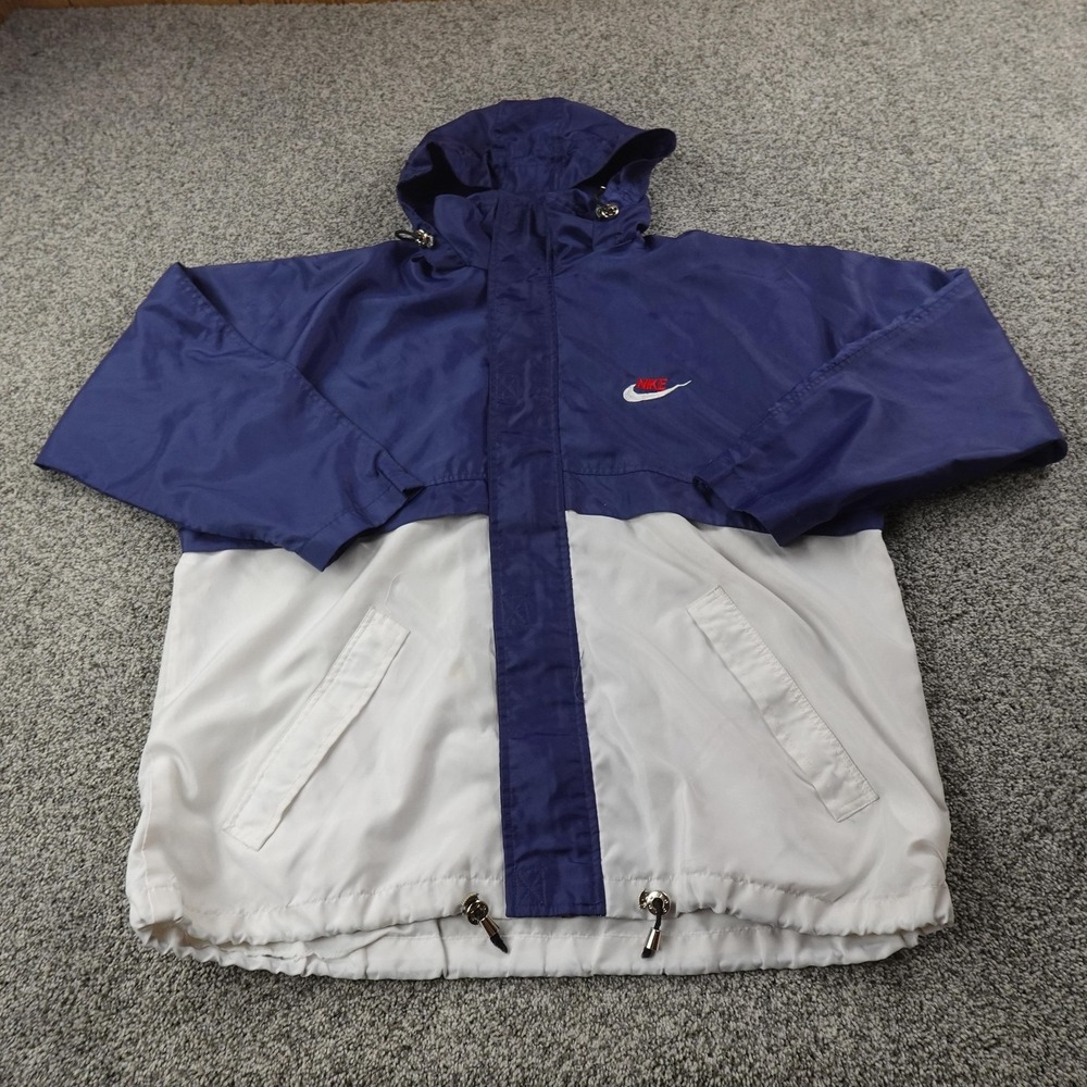 VTG Nike Jacket Mens M Blue White Hooded Windbreaker Big Logo Coat 90s Full Zip